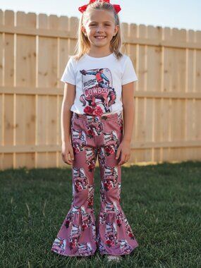 Girls Western Bell Bottom Outfit Pink Cowboy Ranch Set Boutique Cowgirl Flares